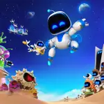 Astro Bot jumping up in front of other astro bots, including Kratos, Nathan Drake, and Aloy