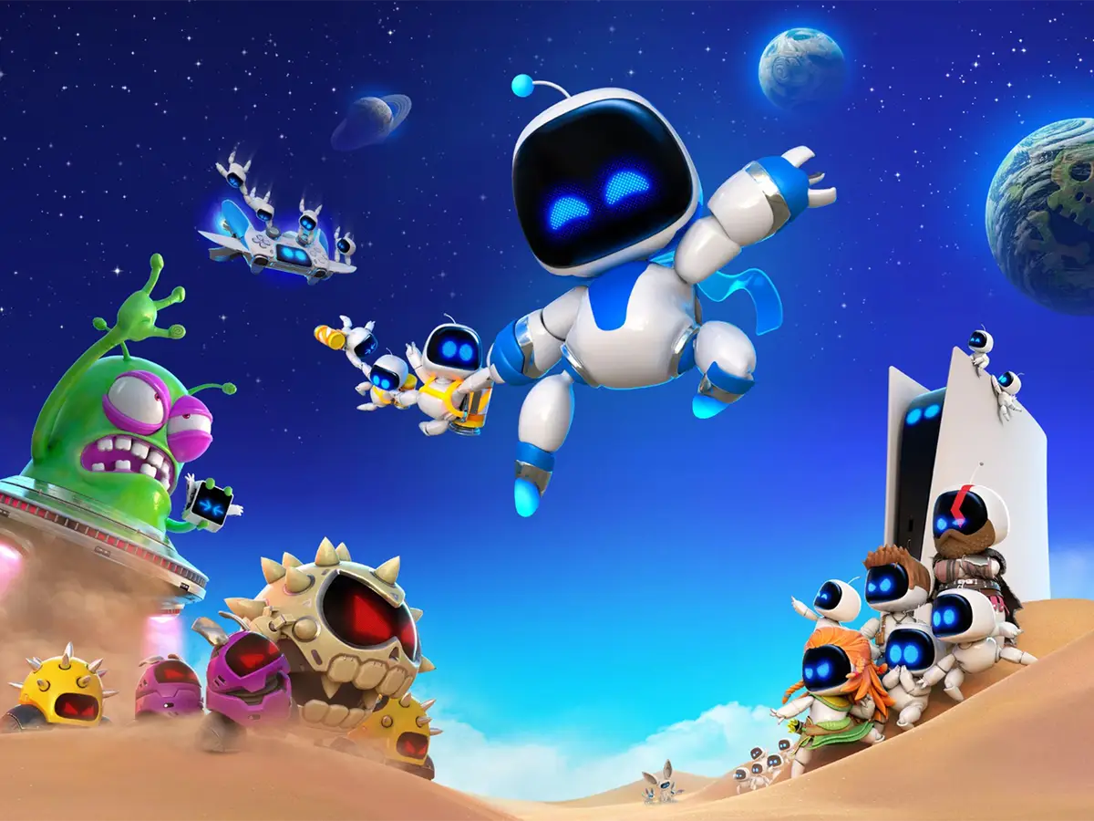 Astro Bot jumping up in front of other astro bots, including Kratos, Nathan Drake, and Aloy