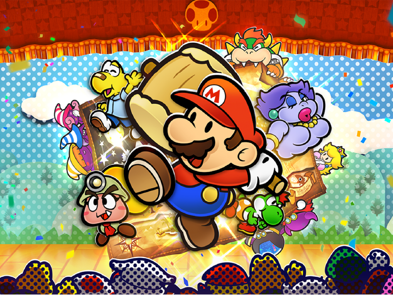 Key art for paper mario the thousand year door featuring mario and cast on a stage