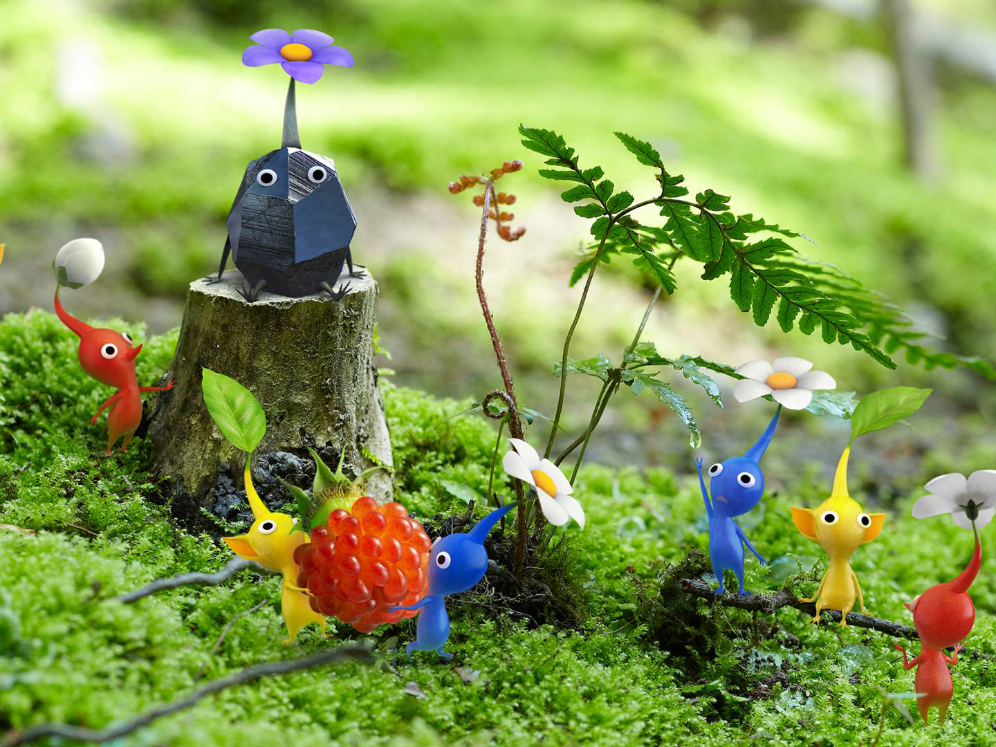 A group of all variety of pikmin sitting in the grass and carrying a raspberry.