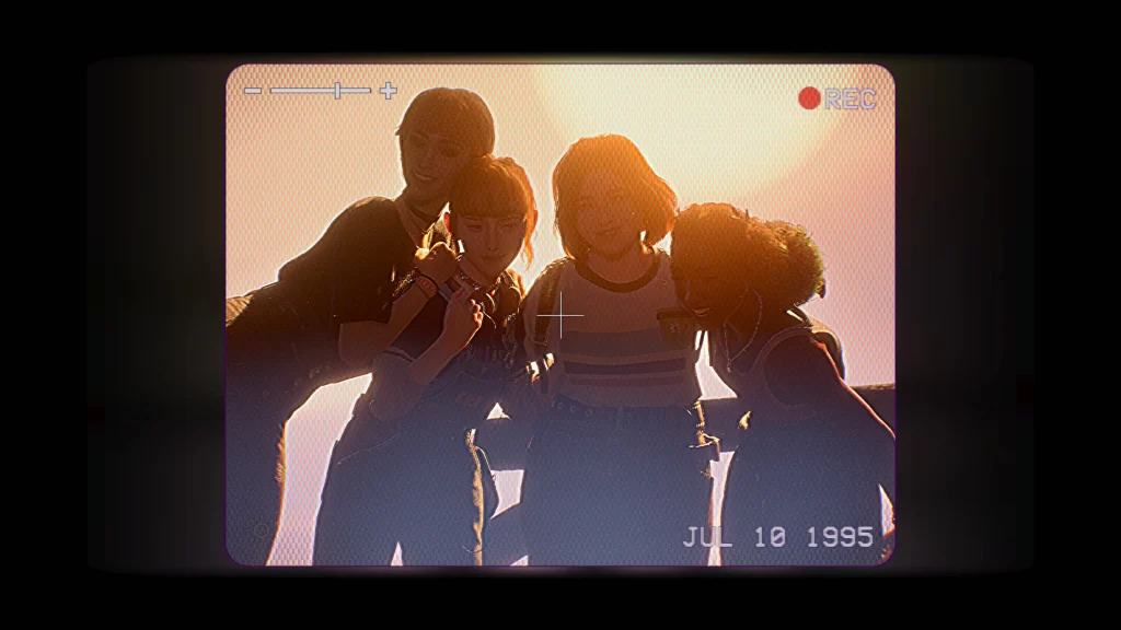 Recording of four teenage girls. They are in front of a setting sun and somewhat silhouetted. They are on a low quality camcorder. The date is JUL 10 1995