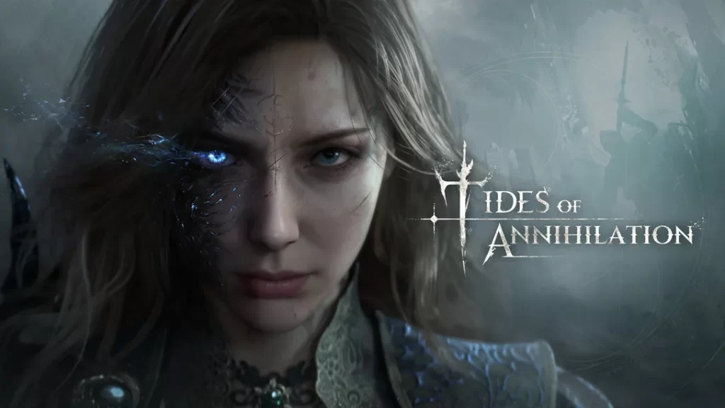 Tides of Annihilation. A womans face that is half covered with some sort of black material and has a glowing blue eye