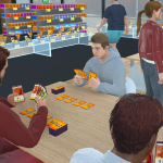 TCG Card Shop Simulator. Image is of people playing cards at tables