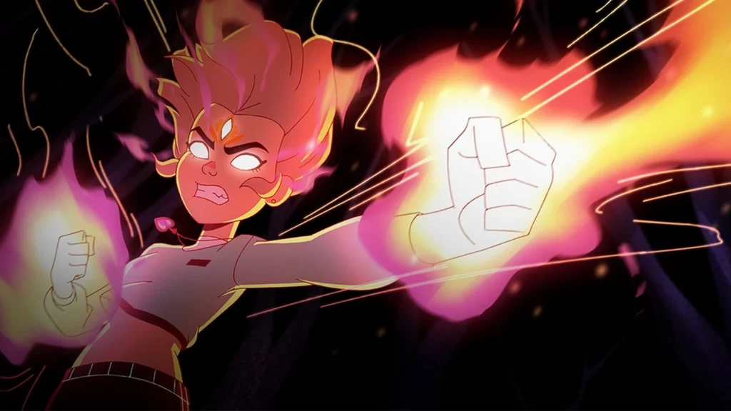 a superhero with glowing eyes and blasts coming from her hands.