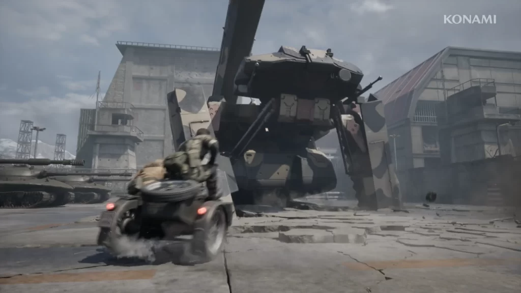 Snake fighting a mech while on a three wheeled motorcar