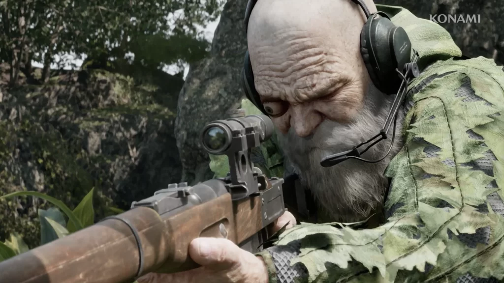 Old sniper with his eye popping out to look down the scope