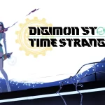 Title image for Digimon Story Time Stranger with main female character and Patamon standing in front of a large moon