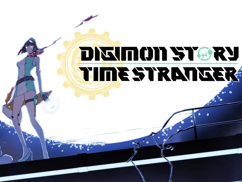 Title image for Digimon Story Time Stranger with main female character and Patamon standing in front of a large moon