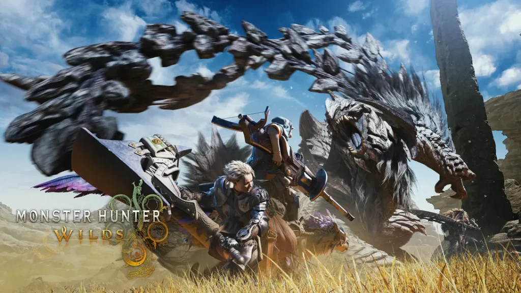 Key art for Monster Hunter Wilds. Person with a giant hammer swiging at a beast.