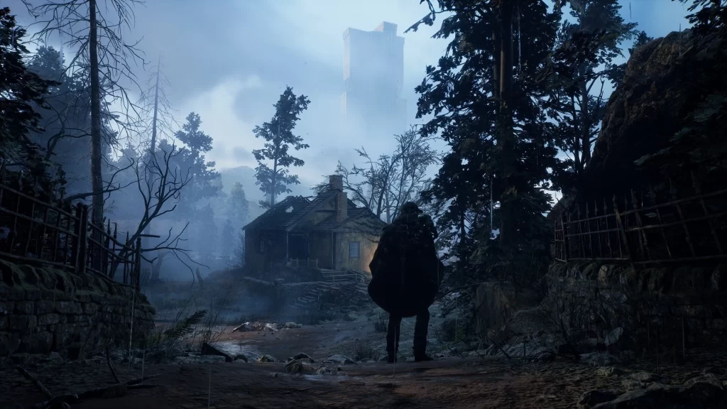 a man standing in a path to an old run-down house.