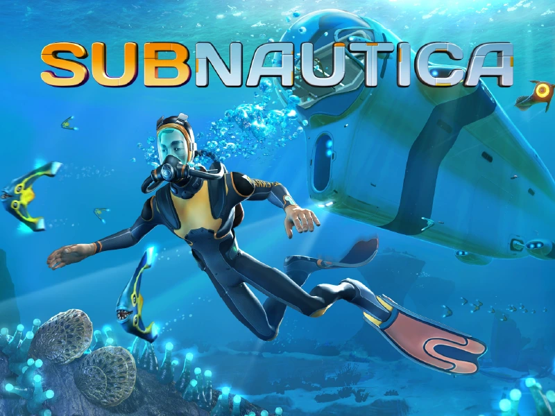 Subnautica title card. Shows a diver with a submarine