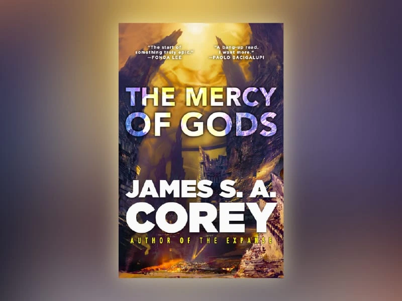 The book cover of The Mercy of Gods by James S. A. Corey. It features an alien cityscape with a yellow sky