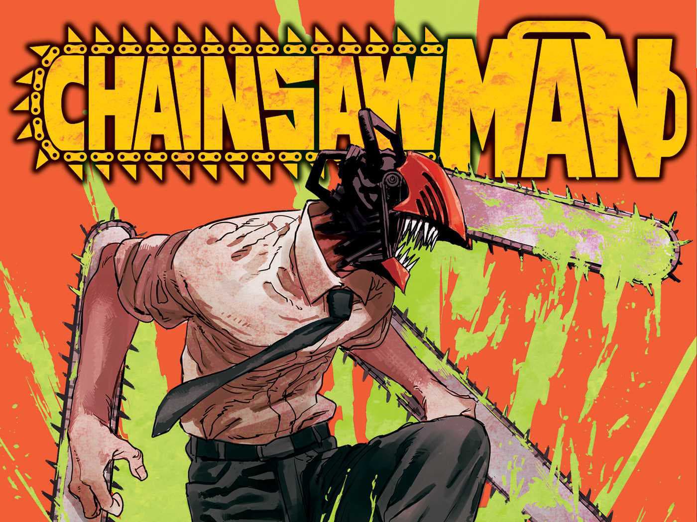 Cover of Chainsaw Man manga. Features a guy with a chainsaw for a hear and bright orange colours.